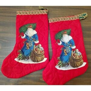 Quilted Christmas Stockings 2 Old World Santas Handmade Fabric Panel 12" Vintage